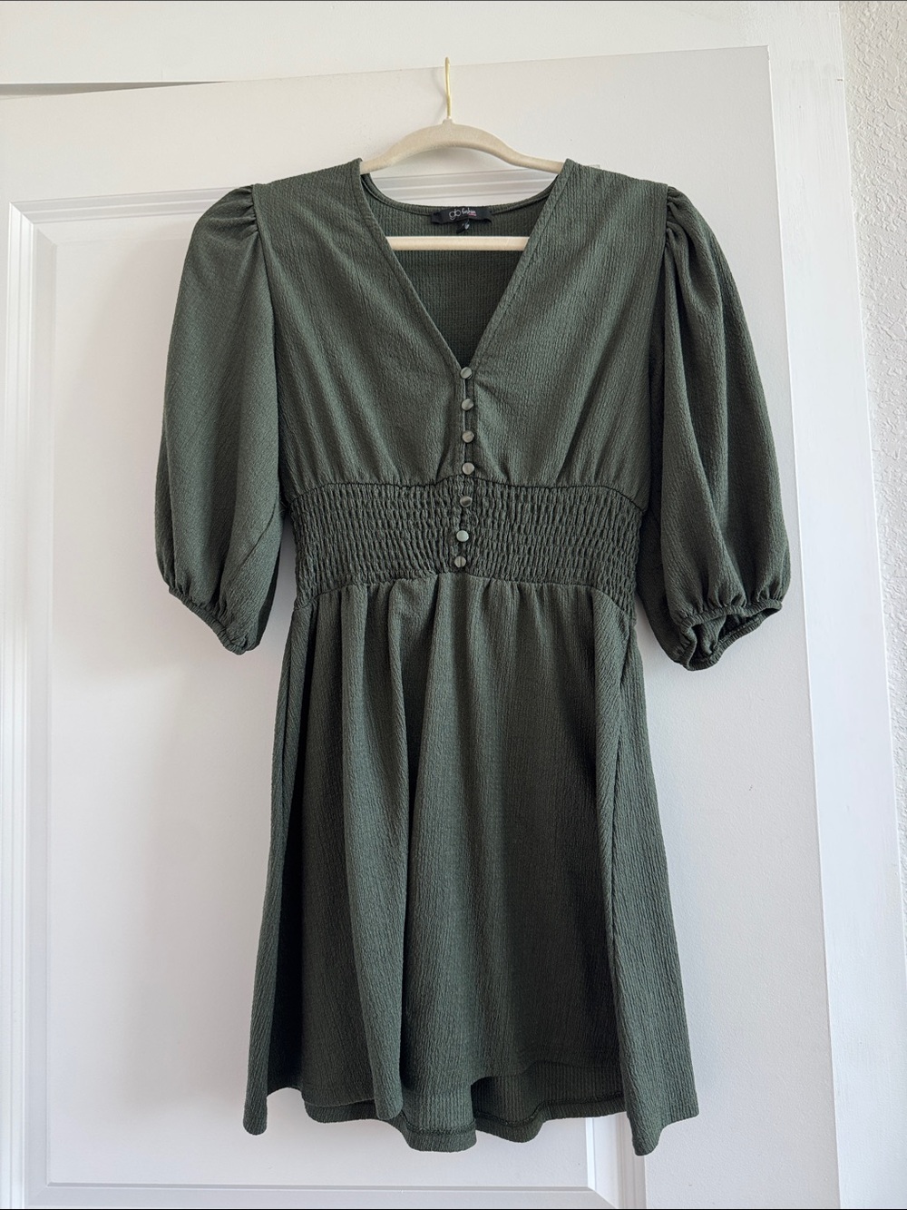 Francesca's Collections Olive V-Neck Puff Sleeve Mini Dress